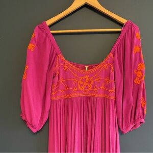Free People Wedgewood embroidered puff sleeve midi dress size s